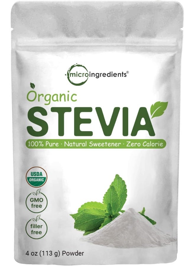 Micro Ingredients Pure Organic Stevia Powder, 4 Ounces, 706 Serving, Highest Grade Stevia Green Leaf Extract Reb-A, Reduced Bitter Aftertaste, 0 Calorie, Natural Sweetener, Sugar Alternative, Keto Friendly  - Image 1