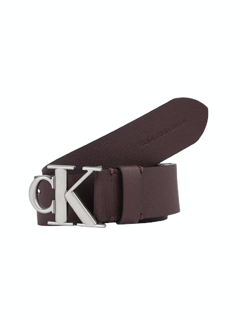 CALVIN KLEIN - Men's Monogram Plaque Leather Belt with Adjustable Strap,  Brown - Image 1