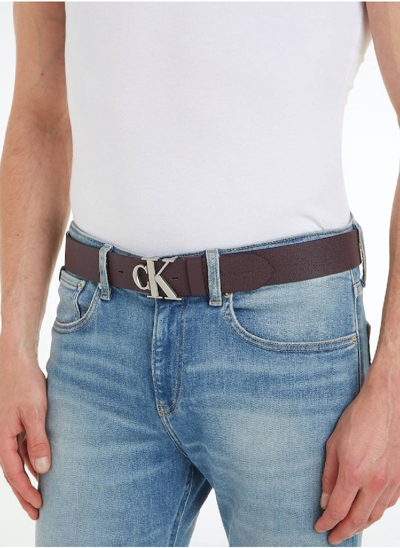 CALVIN KLEIN - Men's Monogram Plaque Leather Belt with Adjustable Strap,  Brown - Image 1
