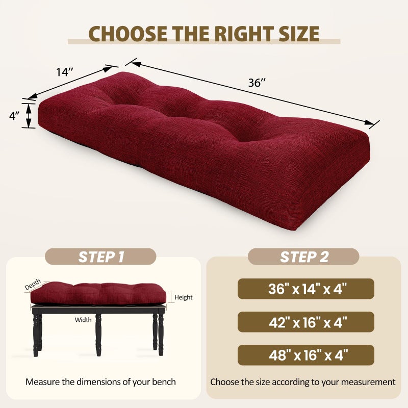 downluxe Indoor Bench Cushion for Indoor Furniture, Non-Slip Tufted Overstuffed Textured Foam Bench Seat Cushion, 1 Pack, 36" X 14" X 4", Burgundy - Image 2