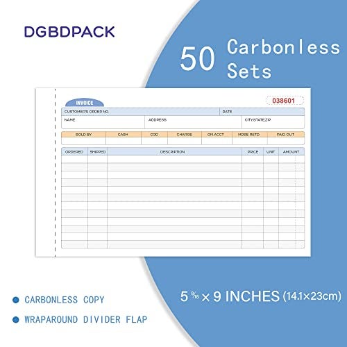 DGBDPACK Invoice Book, 2 Part Carbonless Invoices, 9 x 5-9/16 Inches, White/Canary Invoice Receipt Book, Purchase Order, Sales Order, 50 Sets per Pack (Pack of 1) - Image 2