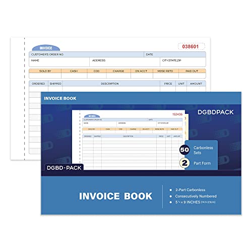 DGBDPACK Invoice Book, 2 Part Carbonless Invoices, 9 x 5-9/16 Inches, White/Canary Invoice Receipt Book, Purchase Order, Sales Order, 50 Sets per Pack (Pack of 1) - Image 1