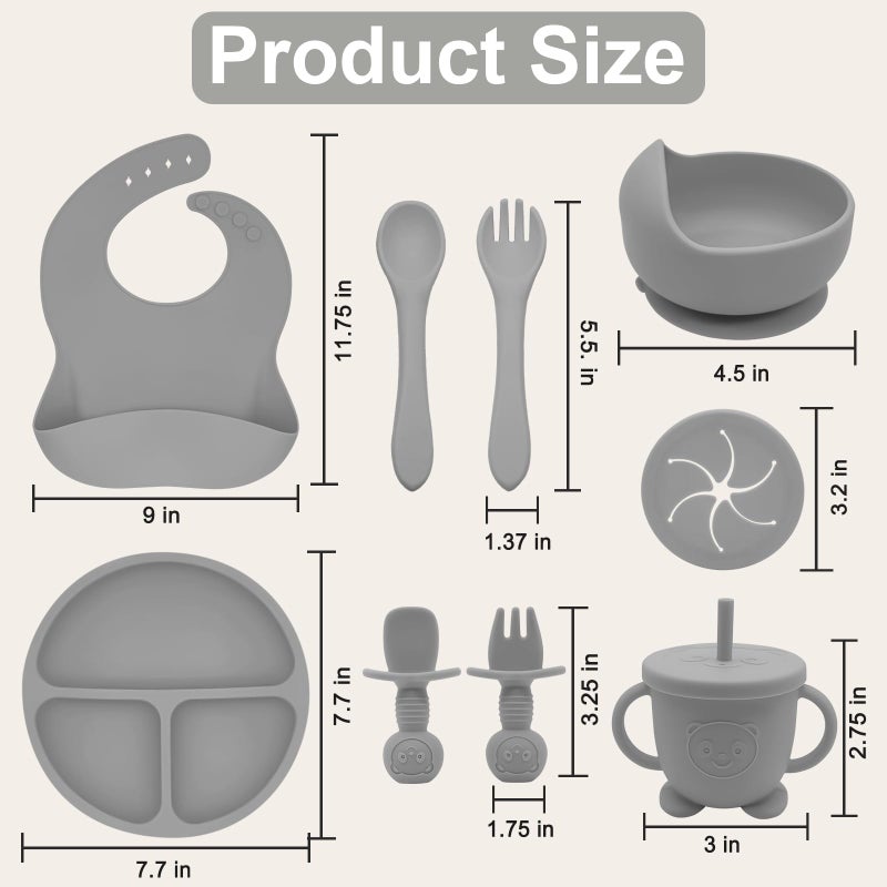 Munlinder Silicone Baby Feeding Set | Baby Led Weaning Supplies Includes Suction Bowls and Divided Plates, Adjustable Bib, Baby Utensils Spoons and Forks,Cup | Baby Feeding Essentials (Grey) - Image 2