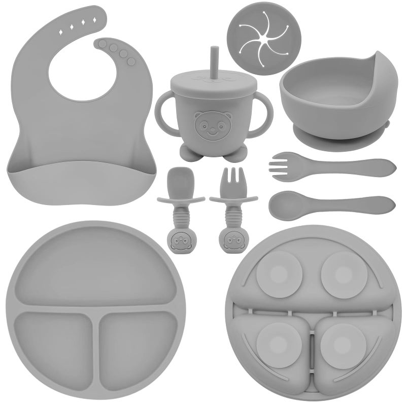 Munlinder Silicone Baby Feeding Set | Baby Led Weaning Supplies Includes Suction Bowls and Divided Plates, Adjustable Bib, Baby Utensils Spoons and Forks,Cup | Baby Feeding Essentials (Grey) - Image 1