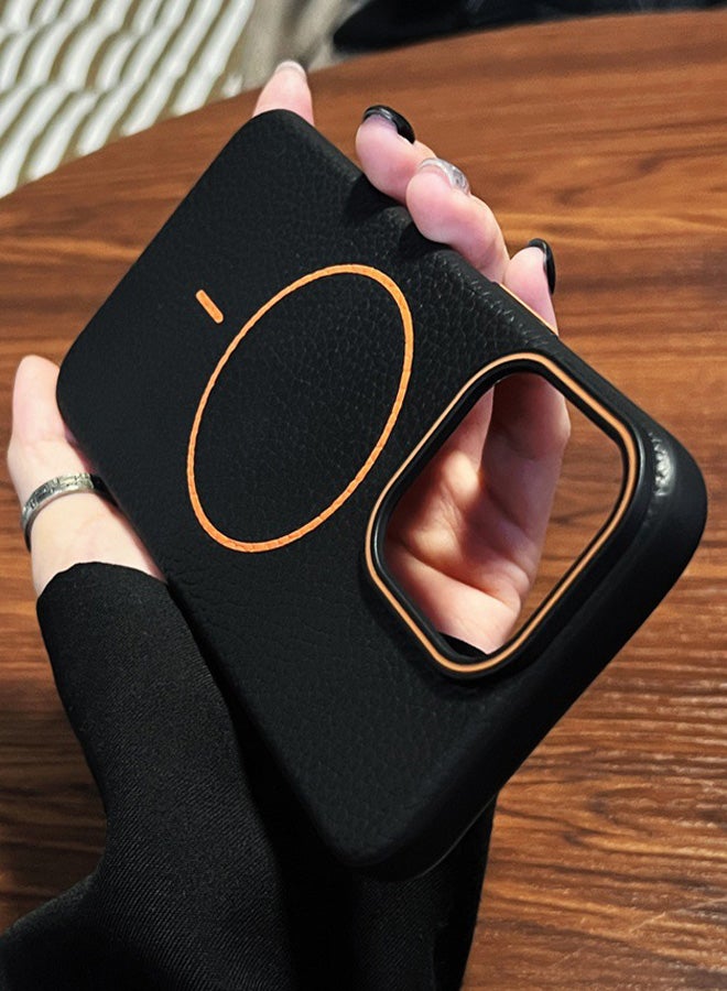 Magsafe Phone Case For iPhone 14 Pro Max With High Quality Rubber Frame And Slim Lychee Pattern Leather Case with Camera Lens Protection Shockproof Cover And support wireless Charging Leather Cover for iPhone 14 Pro Max - Black