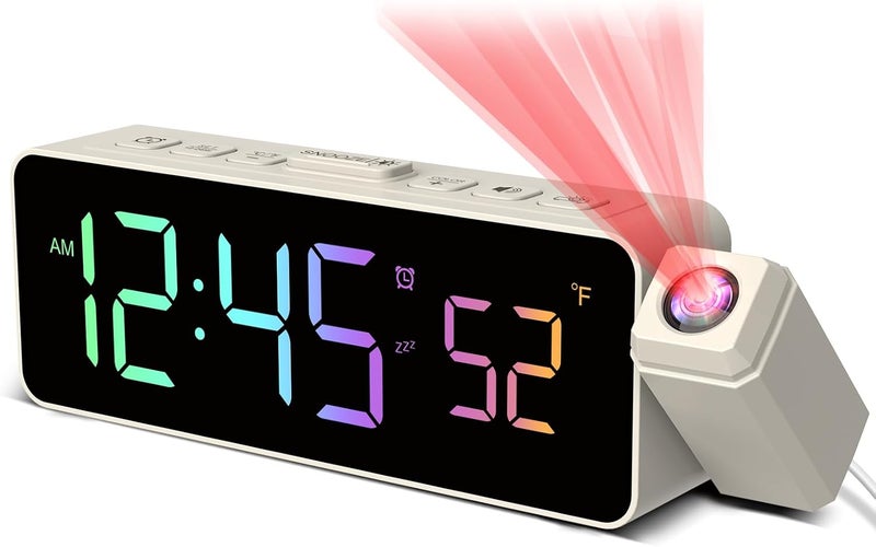 Netzu Projection Alarm Clock for Bedroom Ceiling, Small Compact Plug-in Digital Clocks with 180° Rotatable Projector, Temperature 4 Levels Birghtness, 3 Volumes and Snooze White & RGB - Image 1
