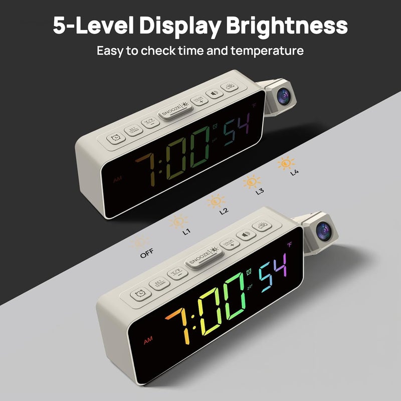 Netzu Projection Alarm Clock for Bedroom Ceiling, Small Compact Plug-in Digital Clocks with 180° Rotatable Projector, Temperature 4 Levels Birghtness, 3 Volumes and Snooze White & RGB - Image 4