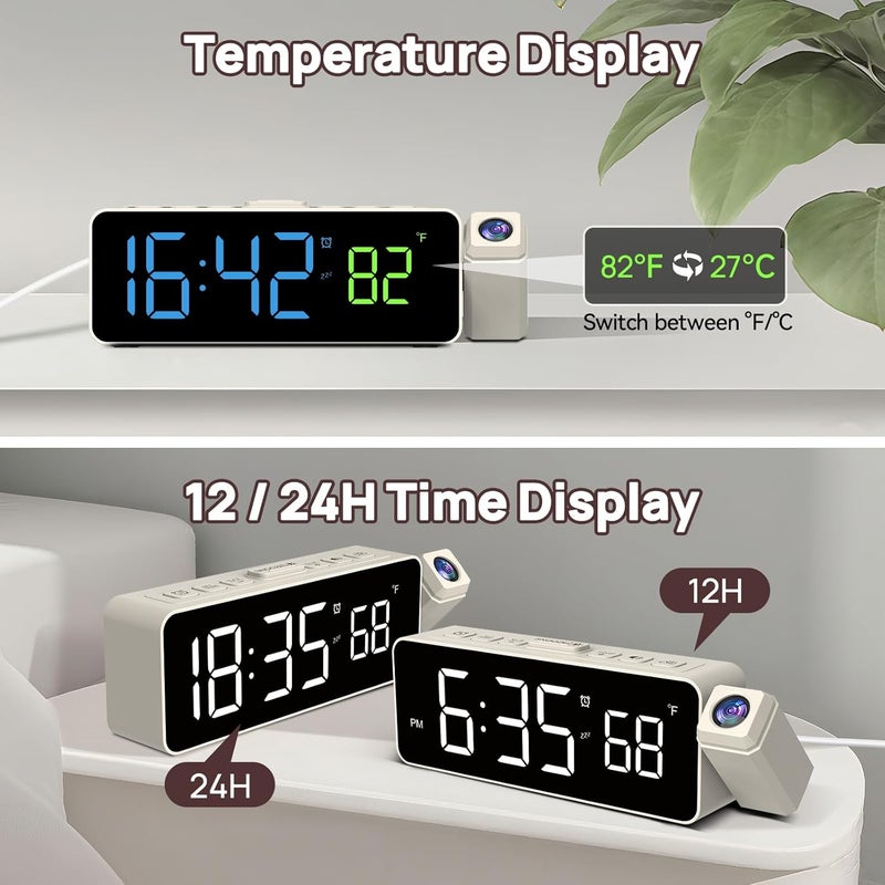 Netzu Projection Alarm Clock for Bedroom Ceiling, Small Compact Plug-in Digital Clocks with 180° Rotatable Projector, Temperature 4 Levels Birghtness, 3 Volumes and Snooze White & RGB - Image 5