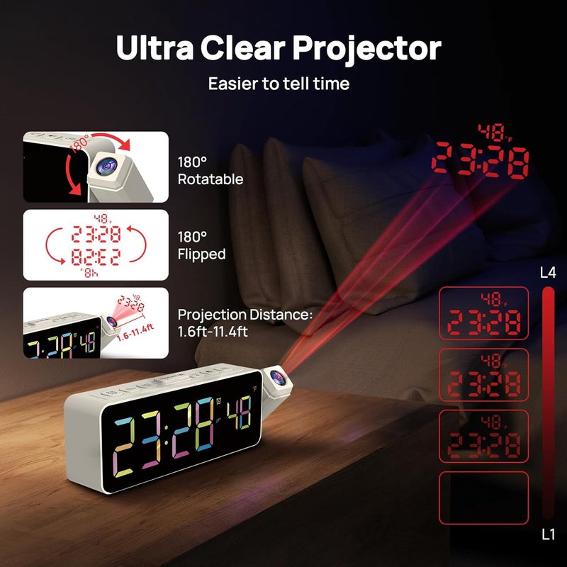 Netzu Projection Alarm Clock for Bedroom Ceiling, Small Compact Plug-in Digital Clocks with 180° Rotatable Projector, Temperature 4 Levels Birghtness, 3 Volumes and Snooze White & RGB - Image 3