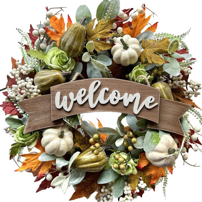 22 INCH FALL PUMPKIN WREATH FOR FRONT DOOR WITH MAPLE LEAVES BERRIES LAMB EARS LEAVES WELCOME WREATH FOR INDOOR AND OUTDOOR FESTIVAL DECORATIVE HOME DECOR