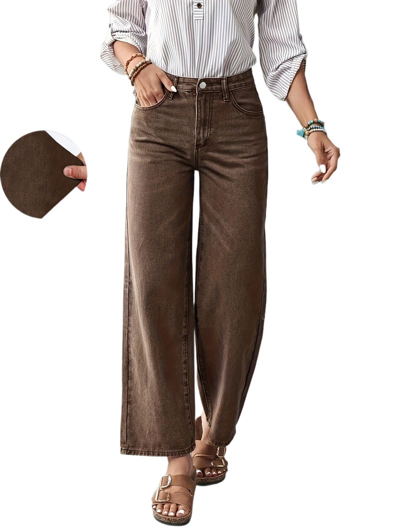 2026 New Women'S High-Waisted Elastic Elegant Casual Straight-Leg Coffee-Colored Jeans, Loose High-Waisted Abdomen- Brown Denim Pants, Water-Washed Solid Color Denim Trousers with Pockets... - Image 1