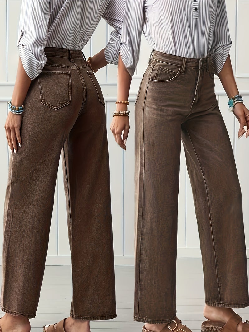 2026 New Women'S High-Waisted Elastic Elegant Casual Straight-Leg Coffee-Colored Jeans, Loose High-Waisted Abdomen- Brown Denim Pants, Water-Washed Solid Color Denim Trousers with Pockets... - Image 4