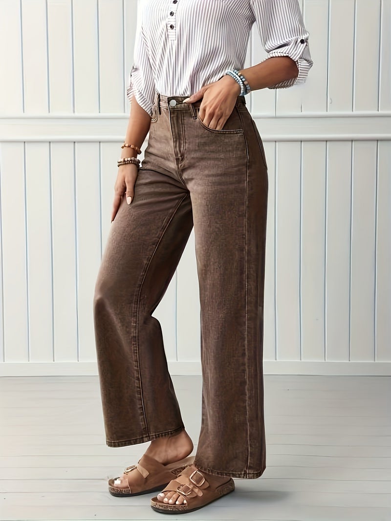 2026 New Women'S High-Waisted Elastic Elegant Casual Straight-Leg Coffee-Colored Jeans, Loose High-Waisted Abdomen- Brown Denim Pants, Water-Washed Solid Color Denim Trousers with Pockets... - Image 3