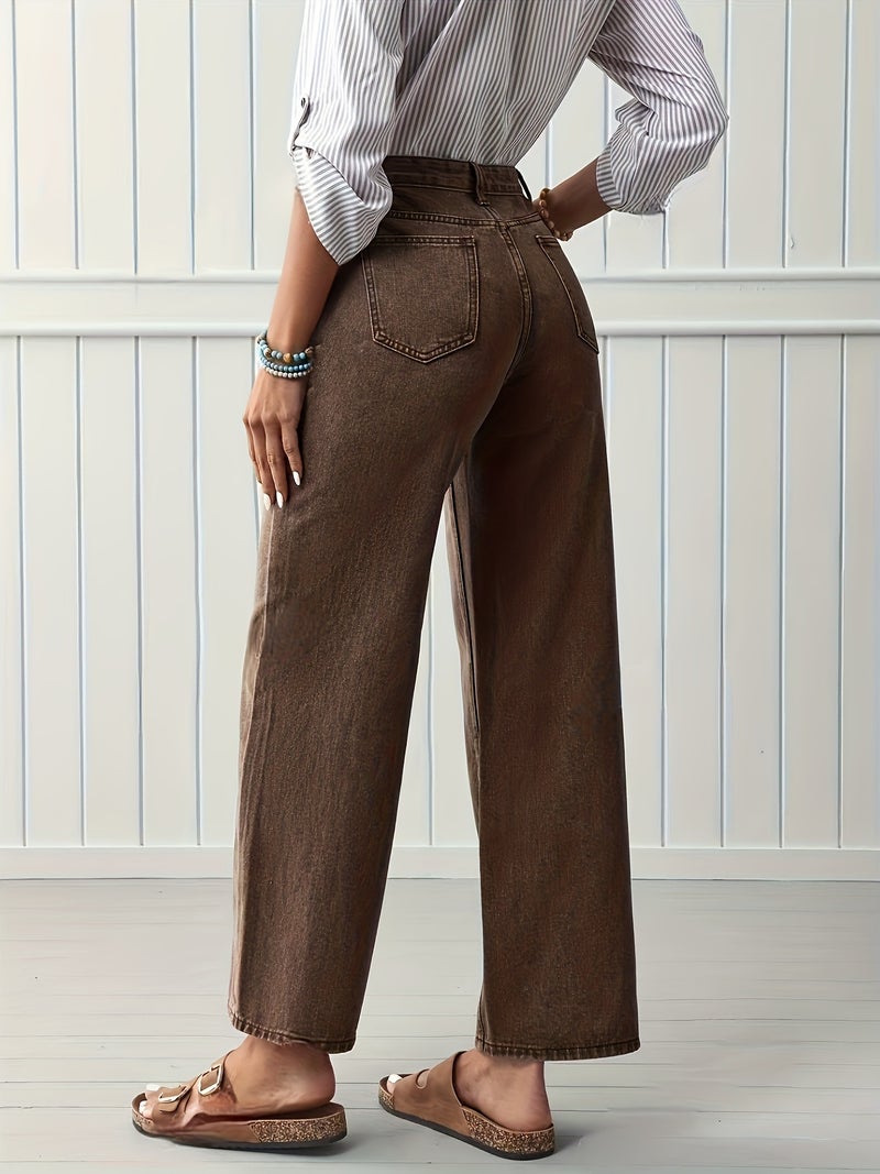 2026 New Women'S High-Waisted Elastic Elegant Casual Straight-Leg Coffee-Colored Jeans, Loose High-Waisted Abdomen- Brown Denim Pants, Water-Washed Solid Color Denim Trousers with Pockets... - Image 5