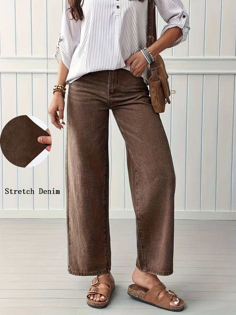 2026 New Women'S High-Waisted Elastic Elegant Casual Straight-Leg Coffee-Colored Jeans, Loose High-Waisted Abdomen- Brown Denim Pants, Water-Washed Solid Color Denim Trousers with Pockets... - Image 2