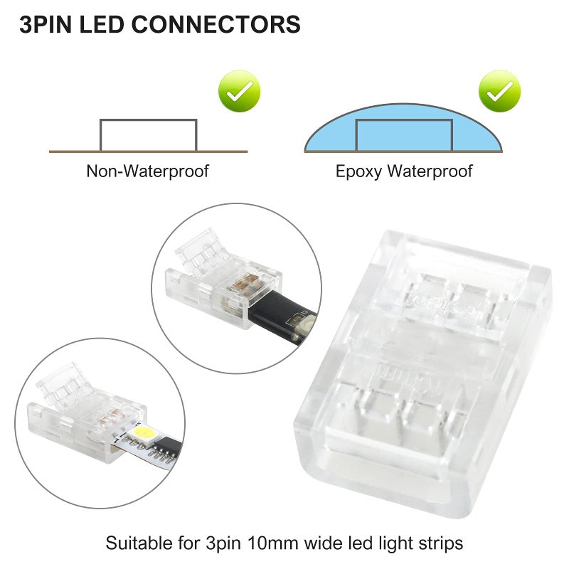 Generic Aroidful 10Pcs Led Light Connectors 3 Pin Upgraded Gapless Solderless Strip to Strip Quick Connector Universal for 10mm Waterproof and Non-Waterproof WS2811 WS2812B LED Strip Light  - Image 2