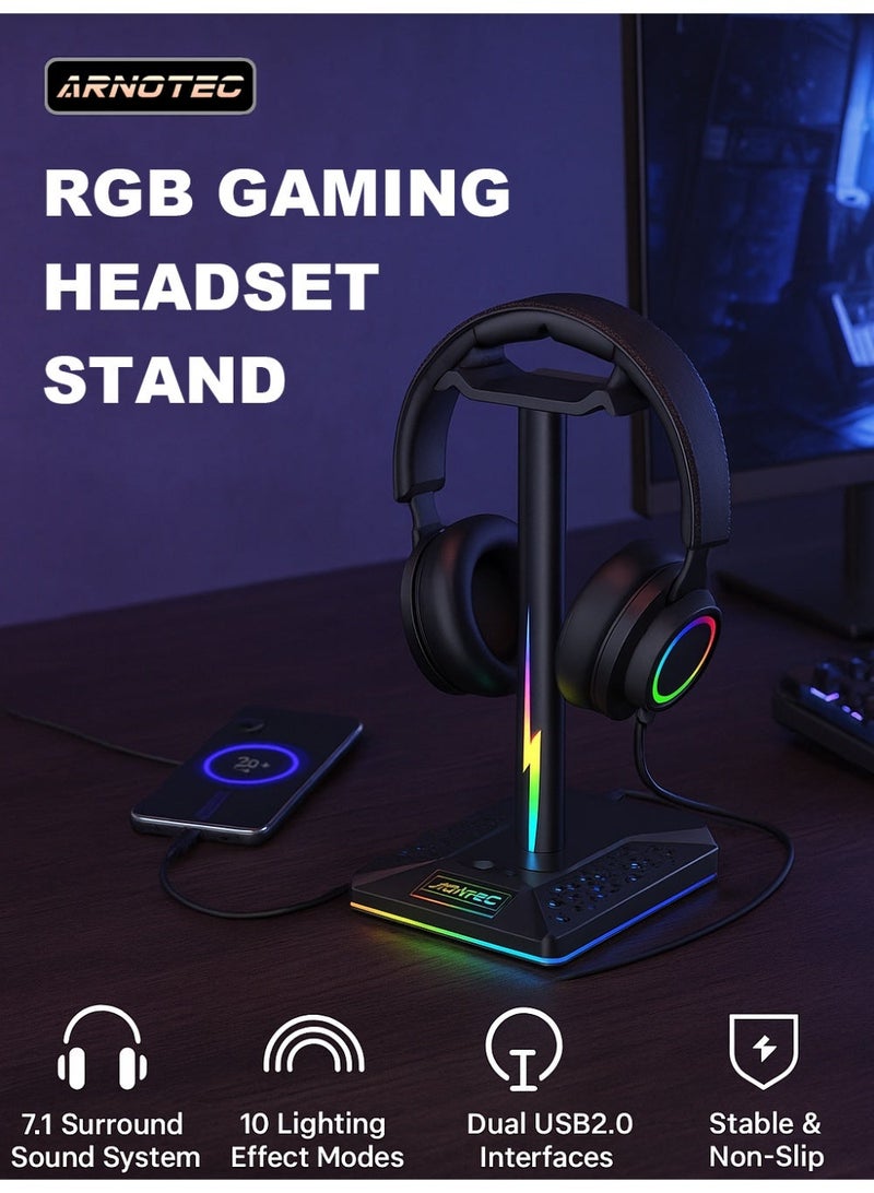 ARNOTEC حامل سماعة الألعاب العالمي مع 10 أنواع من تأثيرات الإضاءة RGB وواجهة USB مزدوجة ودعم سطح المكتب - Image 1