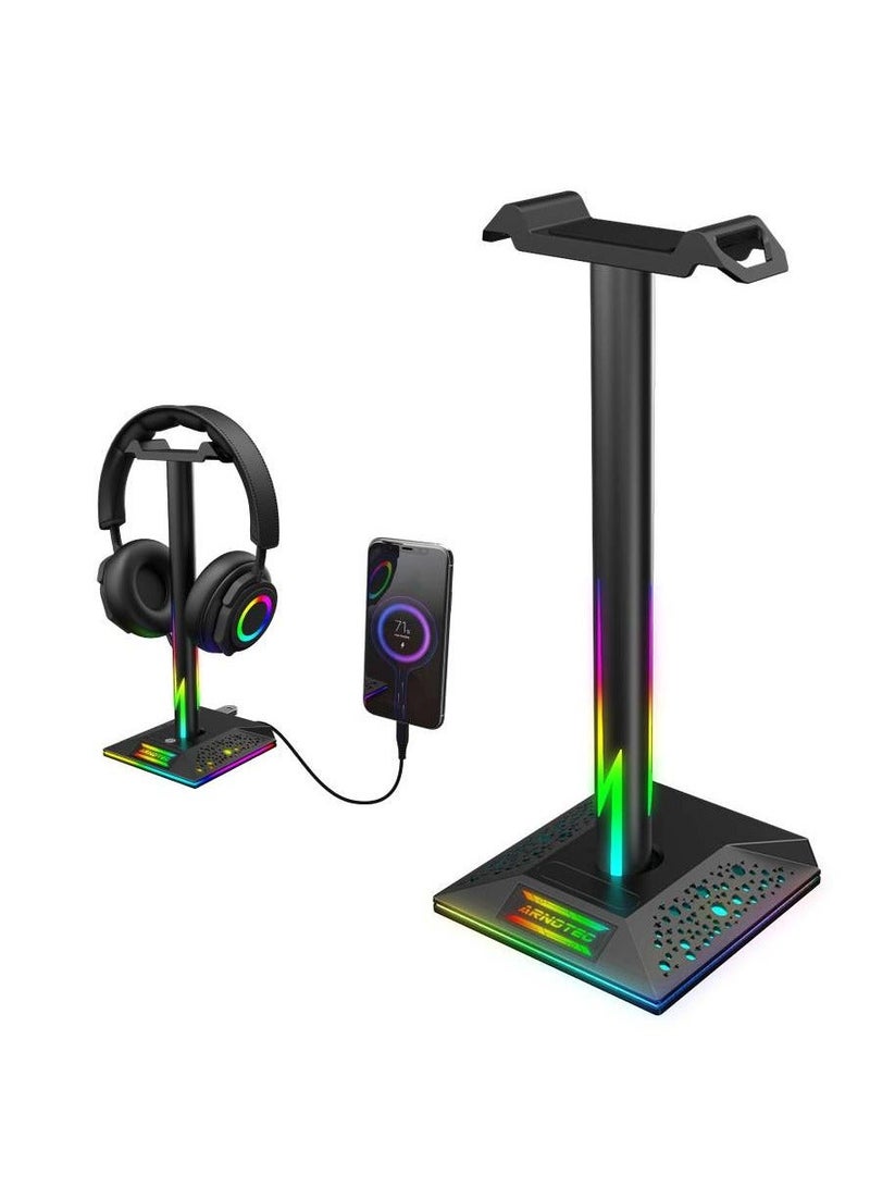 ARNOTEC حامل سماعة الألعاب العالمي مع 10 أنواع من تأثيرات الإضاءة RGB وواجهة USB مزدوجة ودعم سطح المكتب - Image 2