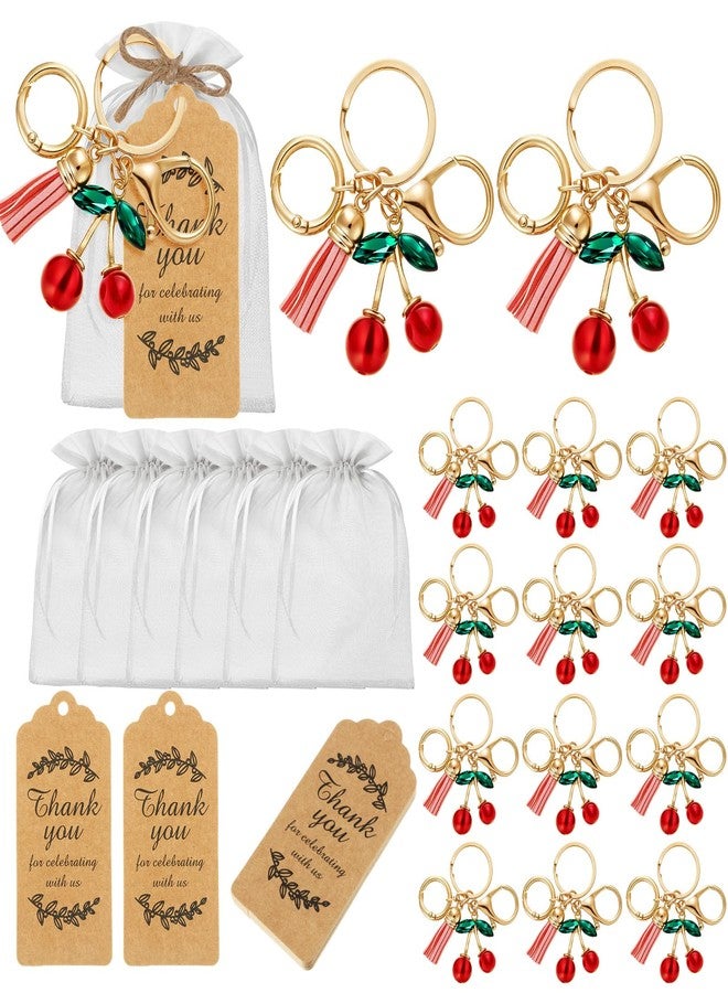 Ecation 20 Set Cherry Keychain Party Favor Set Steel Keyring with Tassel Red Cherry Charm Aesthetic Accessories Souvenir Present with Kraft Tag Organza Bag for Guests Wedding Baby Shower Party - Image 1