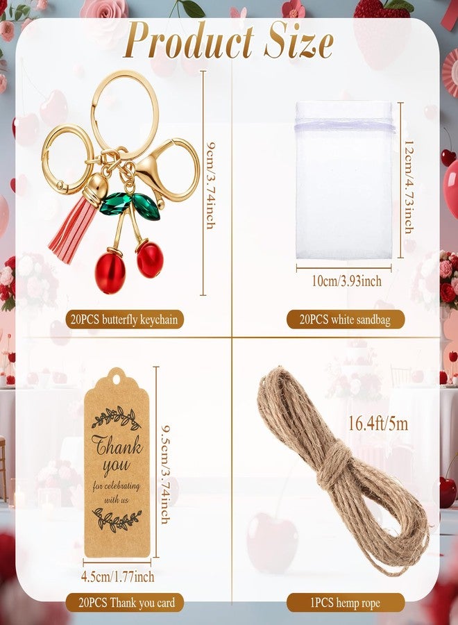 Ecation 20 Set Cherry Keychain Party Favor Set Steel Keyring with Tassel Red Cherry Charm Aesthetic Accessories Souvenir Present with Kraft Tag Organza Bag for Guests Wedding Baby Shower Party - Image 2
