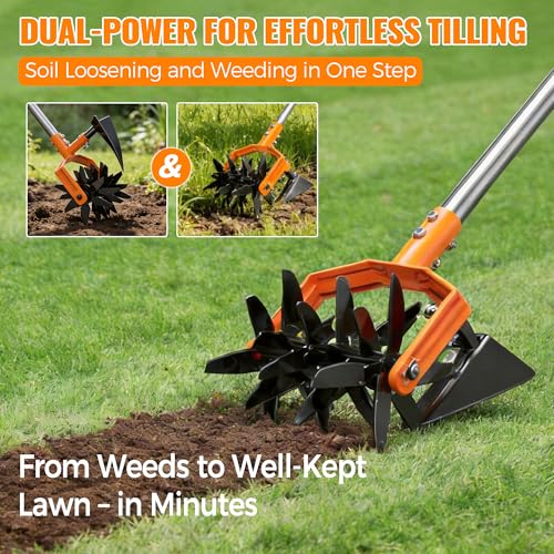 Pankay Rotary Hand Tiller for Gardening, Garden Cultivator Tool with Tilling Blade, 63’’ Adjustable Stainless Steel Poles Cultivators for Gardening, Lawn Care, Reseeding Grass, Soil Mixing - Image 2