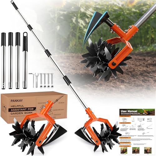 Pankay Rotary Hand Tiller for Gardening, Garden Cultivator Tool with Tilling Blade, 63’’ Adjustable Stainless Steel Poles Cultivators for Gardening, Lawn Care, Reseeding Grass, Soil Mixing - Image 1