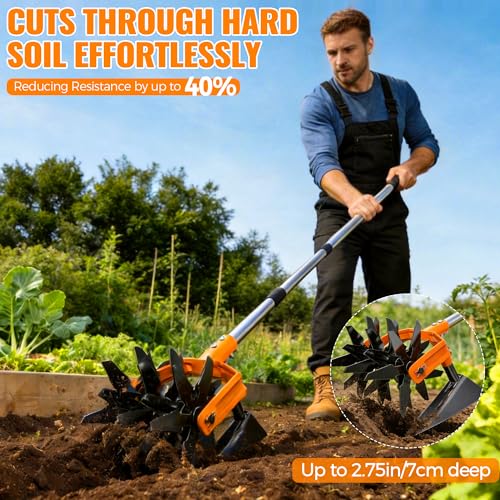Pankay Rotary Hand Tiller for Gardening, Garden Cultivator Tool with Tilling Blade, 63’’ Adjustable Stainless Steel Poles Cultivators for Gardening, Lawn Care, Reseeding Grass, Soil Mixing - Image 3