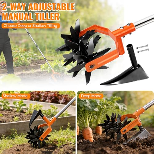 Pankay Rotary Hand Tiller for Gardening, Garden Cultivator Tool with Tilling Blade, 63’’ Adjustable Stainless Steel Poles Cultivators for Gardening, Lawn Care, Reseeding Grass, Soil Mixing - Image 4