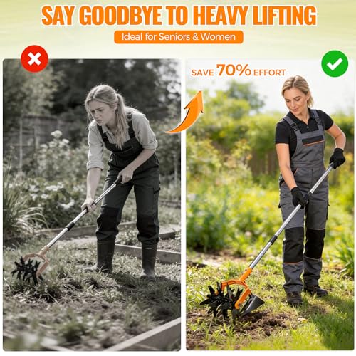 Pankay Rotary Hand Tiller for Gardening, Garden Cultivator Tool with Tilling Blade, 63’’ Adjustable Stainless Steel Poles Cultivators for Gardening, Lawn Care, Reseeding Grass, Soil Mixing - Image 5