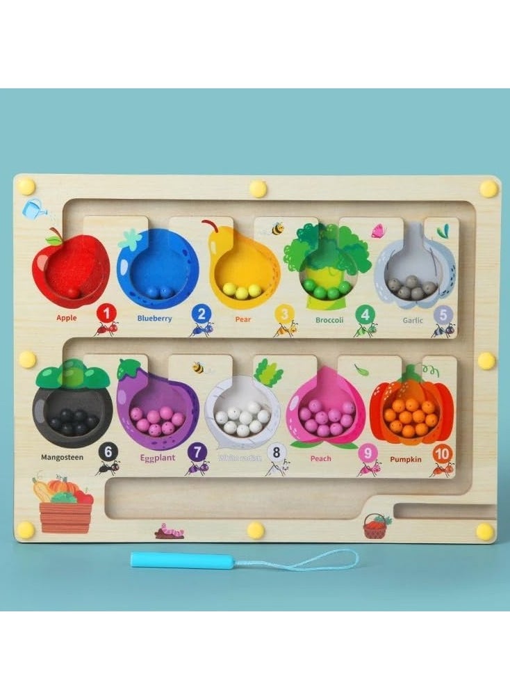 F.A.M.S Fine Motor Skills Learning Wooden Toys, Magnetic Color and Number Matching Counting Maze Game, for Toddlers and Preschoolers (Vegetables)  - Image 1