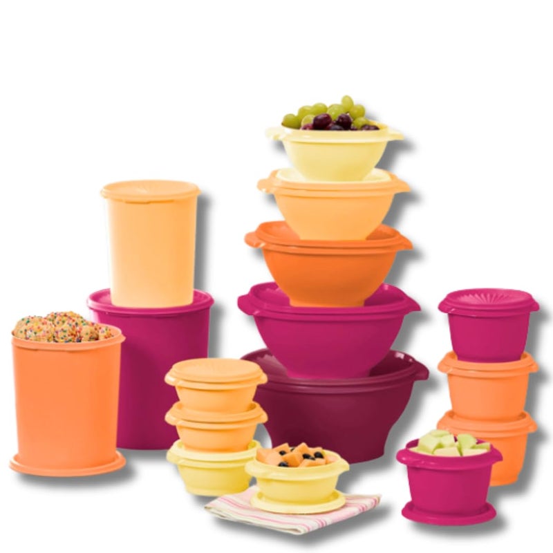 Tupperware مجموعة حاويات توبراير التراثية 16 حاوية مع أغطية. حاويات تخزين الطعام، مجموعة من 32 - برتقالي ووردي متعدد الألوان - Image 1