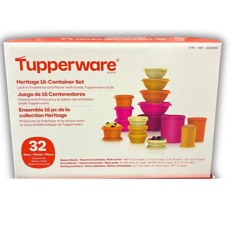 Tupperware مجموعة حاويات توبراير التراثية 16 حاوية مع أغطية. حاويات تخزين الطعام، مجموعة من 32 - برتقالي ووردي متعدد الألوان - Image 2