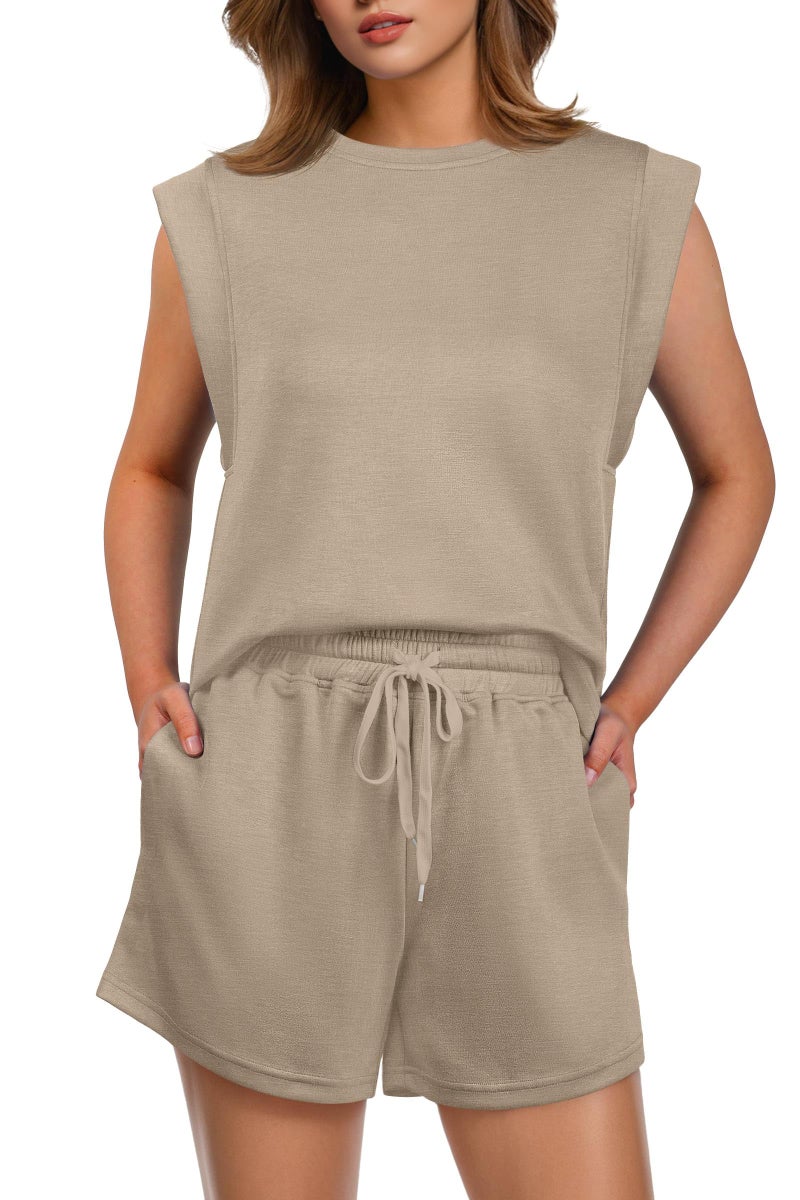 GRECERELLE 2 Piece Sets for Women Casual Summer Lounge Set Cap Sleeve Tops and Shorts with Pockets, Khaki, Medium - Image 1