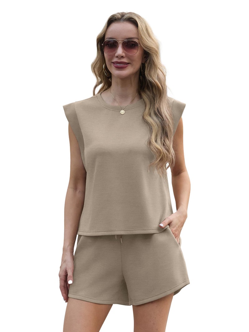 GRECERELLE 2 Piece Sets for Women Casual Summer Lounge Set Cap Sleeve Tops and Shorts with Pockets, Khaki, Medium - Image 5
