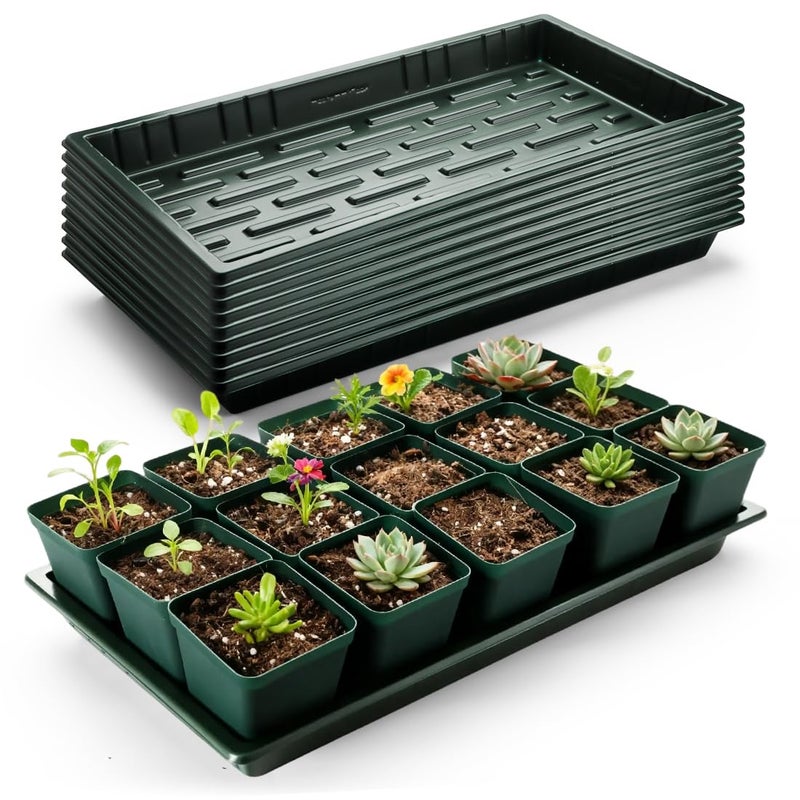 RooTrimmer 10 Pack Heavy Duty 1020 Trays No Holes - 1.6 Inch Deep Shallow Nursery Flats, Reusable Seed Starter Trays for 72/128 Cell Inserts, Microgreens, Seedling and Hydroponics (Dark Green) - Image 1