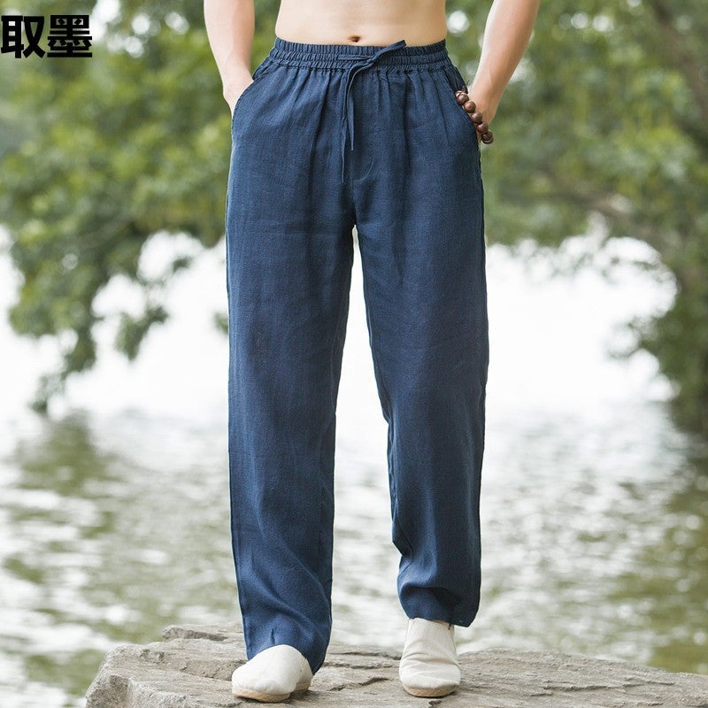 Linen Mens Pants Retro Chinese Style Mens Summer Loose Thin Straight Trousers Mens Cotton and Linen Casual Trendy Pants White - Image 2