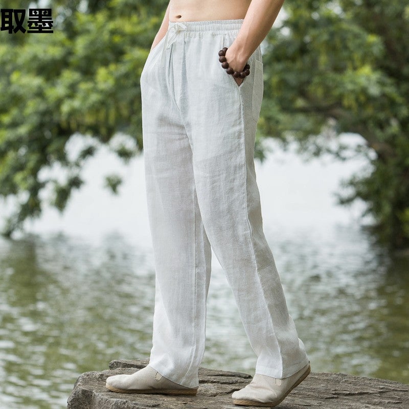 Linen Mens Pants Retro Chinese Style Mens Summer Loose Thin Straight Trousers Mens Cotton and Linen Casual Trendy Pants White - Image 5