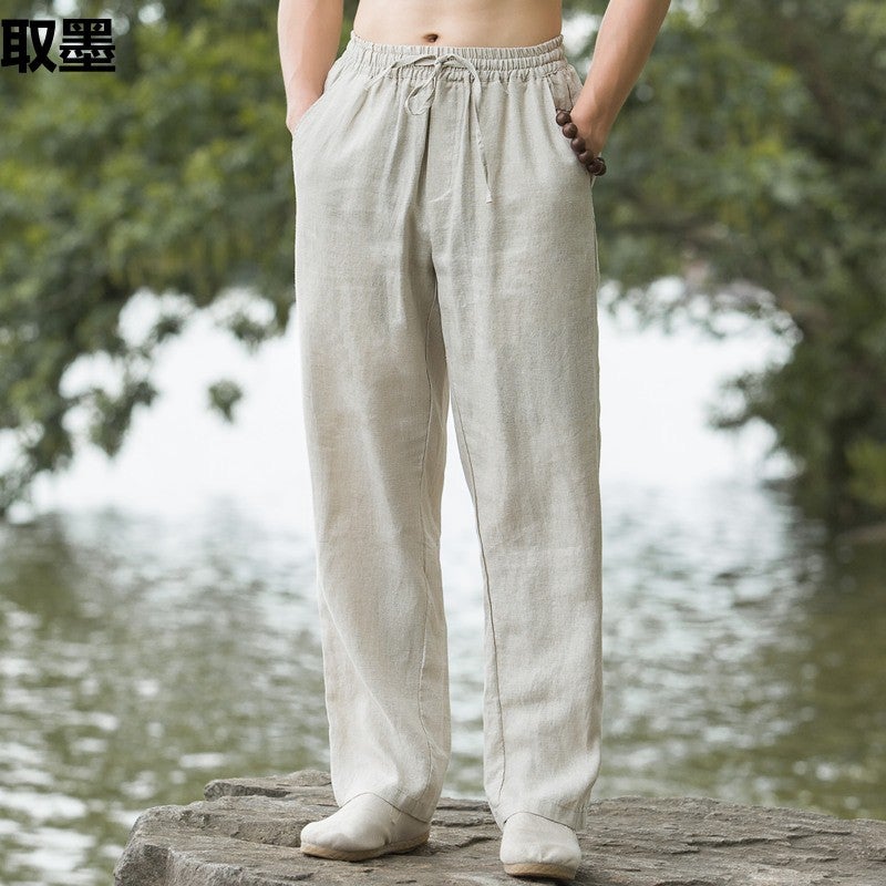 Linen Mens Pants Retro Chinese Style Mens Summer Loose Thin Straight Trousers Mens Cotton and Linen Casual Trendy Pants White - Image 4