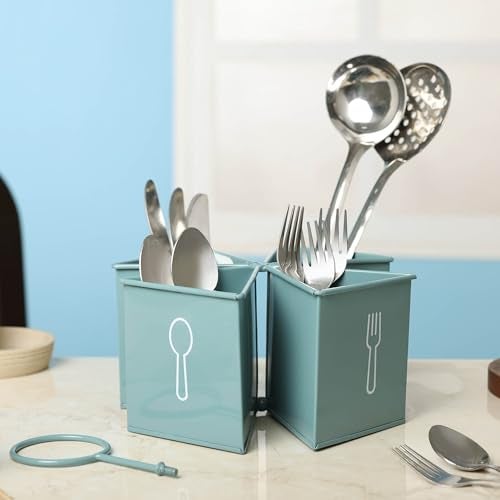 dudki 4-in-1 Metal Cutlery Stand for Kitchen | Knife, Spoon, Fork Organizer | Large Utensil & Spatula Holder for Countertop & Dining Table | Napkin Tissue Paper Multifunctional Stand (Moss- Green) - Image 4