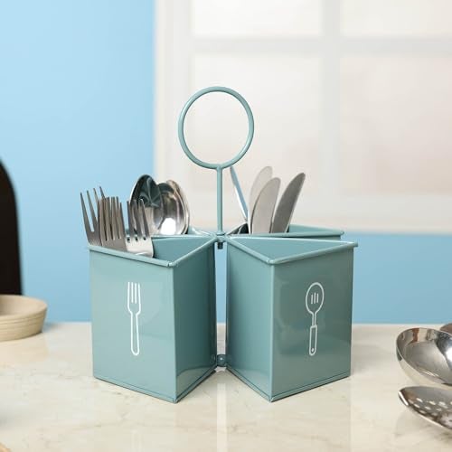 dudki 4-in-1 Metal Cutlery Stand for Kitchen | Knife, Spoon, Fork Organizer | Large Utensil & Spatula Holder for Countertop & Dining Table | Napkin Tissue Paper Multifunctional Stand (Moss- Green) - Image 3