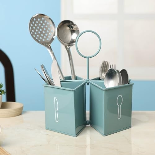 dudki 4-in-1 Metal Cutlery Stand for Kitchen | Knife, Spoon, Fork Organizer | Large Utensil & Spatula Holder for Countertop & Dining Table | Napkin Tissue Paper Multifunctional Stand (Moss- Green) - Image 2