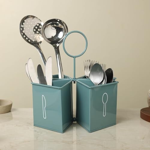 dudki 4-in-1 Metal Cutlery Stand for Kitchen | Knife, Spoon, Fork Organizer | Large Utensil & Spatula Holder for Countertop & Dining Table | Napkin Tissue Paper Multifunctional Stand (Moss- Green) - Image 1