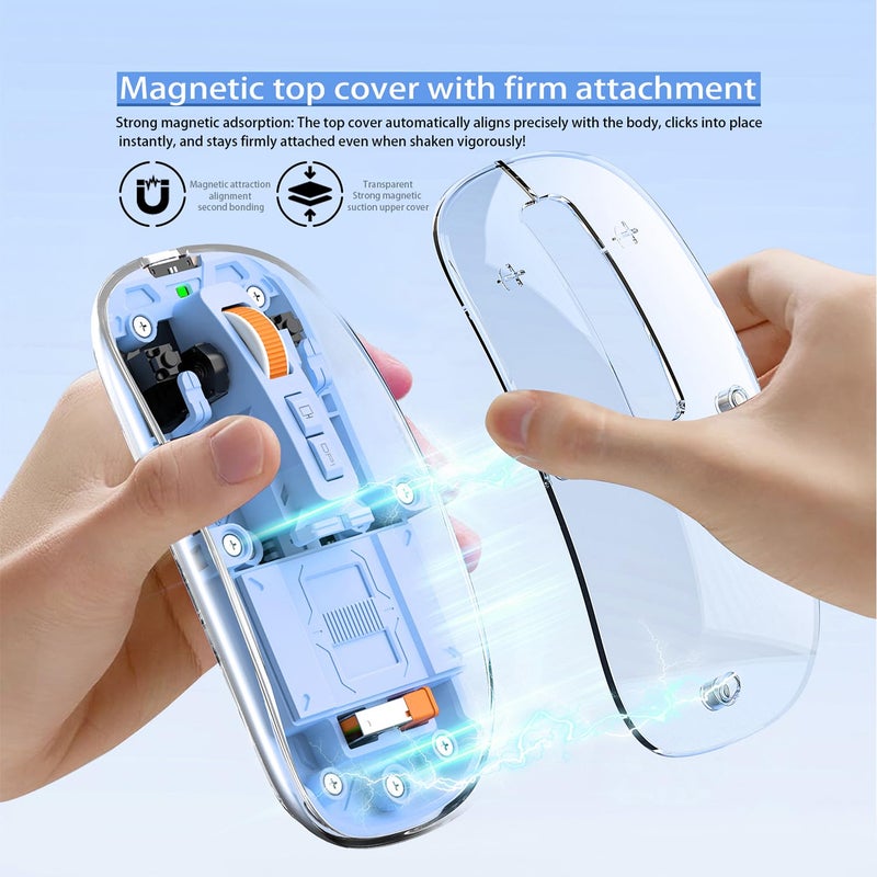 FMOUSE Modern Transparent Slim Wireless Mouse - Magnetic Shell Design, 3-Mode (Dual Bluetooth + USB), Rechargeable, One-Touch Desktop, for MacBook/pc/iPad/Laptop (Blue) - Image 3