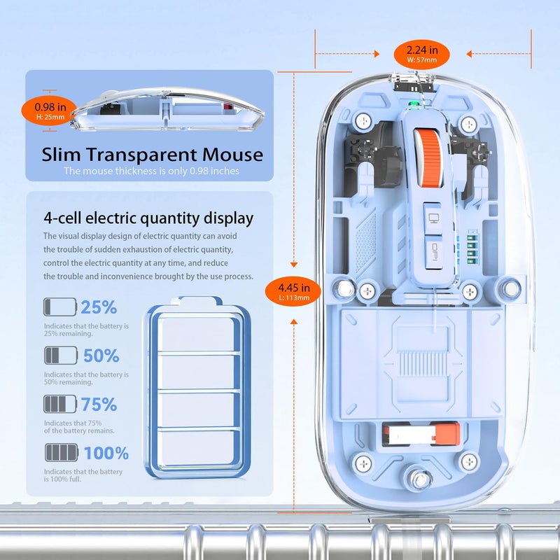 FMOUSE Modern Transparent Slim Wireless Mouse - Magnetic Shell Design, 3-Mode (Dual Bluetooth + USB), Rechargeable, One-Touch Desktop, for MacBook/pc/iPad/Laptop (Blue) - Image 5