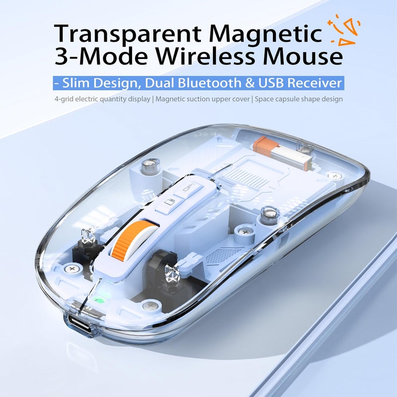 FMOUSE Modern Transparent Slim Wireless Mouse - Magnetic Shell Design, 3-Mode (Dual Bluetooth + USB), Rechargeable, One-Touch Desktop, for MacBook/pc/iPad/Laptop (Blue) - Image 2