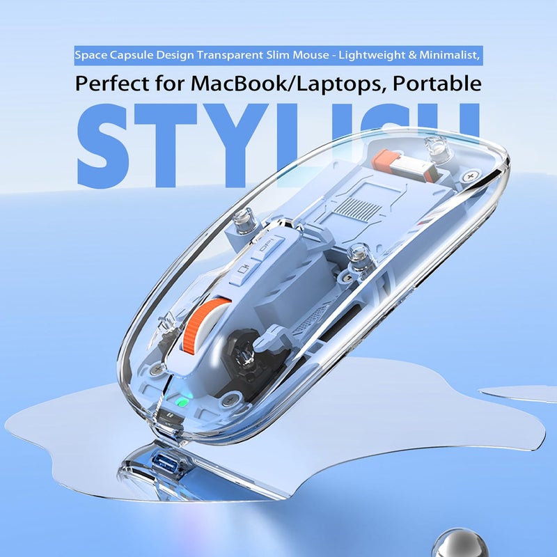 FMOUSE Modern Transparent Slim Wireless Mouse - Magnetic Shell Design, 3-Mode (Dual Bluetooth + USB), Rechargeable, One-Touch Desktop, for MacBook/pc/iPad/Laptop (Blue) - Image 4