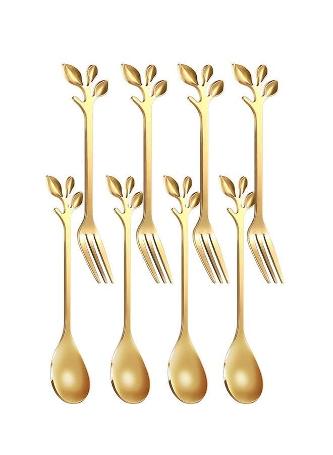 8PCS Leaf Coffee Spoons, and Appetizer Forks Stainless Steel Sugar Cube Tongs Dessert Spoons Metal Dinner Forks  - Image 1