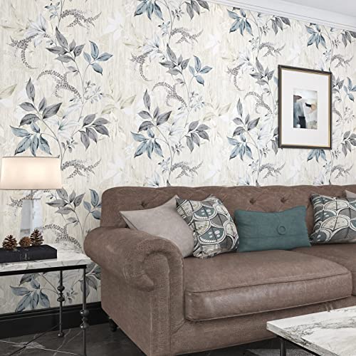 Wallercity Gray and Blue Leaves Wallpaper Vintage Black Olive Leaf Peel and Stick Wallpaper Vinyl Self Adhesive Removable Floral Wallpapers 17.5" x 78.7" Retro Leaf Contact Paper for Desk Shelf Liner - Image 2