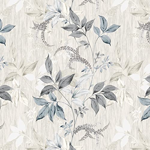 Wallercity Gray and Blue Leaves Wallpaper Vintage Black Olive Leaf Peel and Stick Wallpaper Vinyl Self Adhesive Removable Floral Wallpapers 17.5" x 78.7" Retro Leaf Contact Paper for Desk Shelf Liner - Image 1