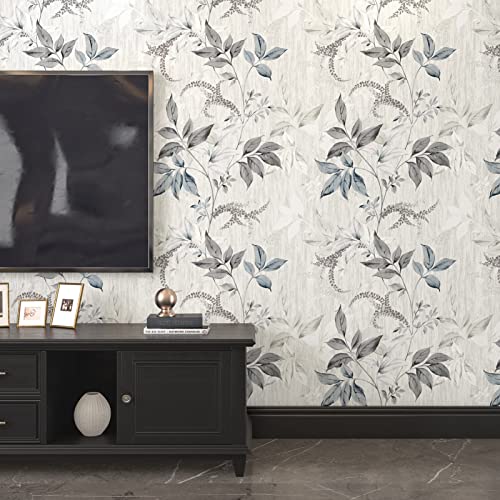 Wallercity Gray and Blue Leaves Wallpaper Vintage Black Olive Leaf Peel and Stick Wallpaper Vinyl Self Adhesive Removable Floral Wallpapers 17.5" x 78.7" Retro Leaf Contact Paper for Desk Shelf Liner - Image 3